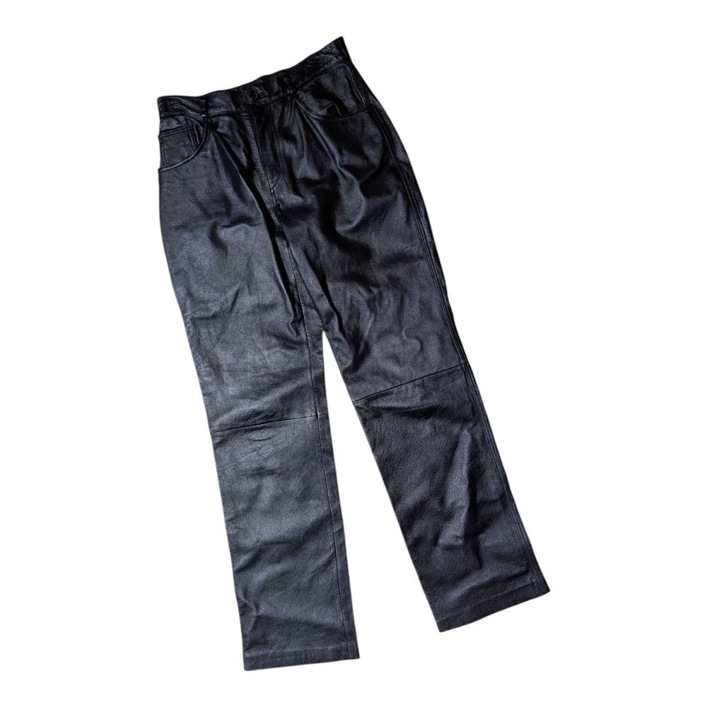 Vtg 1990s Mandee Black Leather Straight Leg High Rise Moto Biker Pants Sz 8